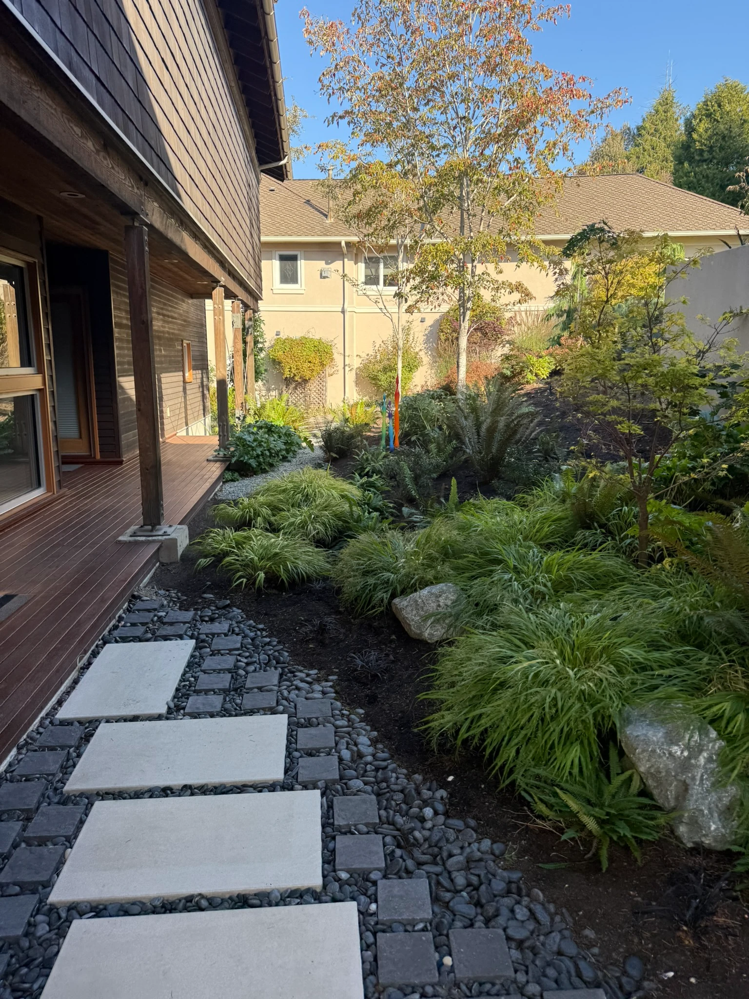 Rain garden and permeable hardscape capturing stormwater